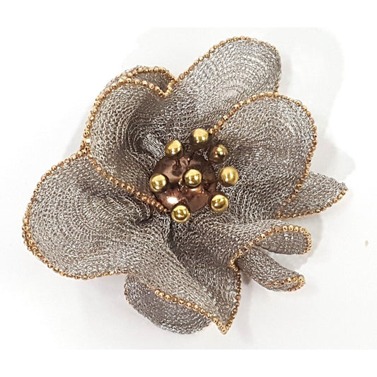 Fraccari Italian 18K Two Tone Gold Mesh Flower Rose Brooch