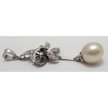 14K Solid White Gold Pearl & Diamond Drop Dangle Charm Pendant