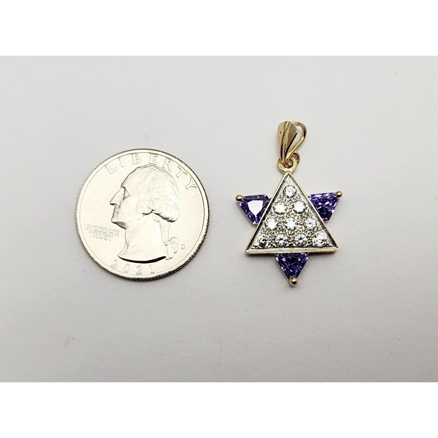 14K Two Tone Gold Star of David CZ & Amethyst Charm Pendant