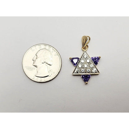 14K Two Tone Gold Star of David CZ & Amethyst Charm Pendant