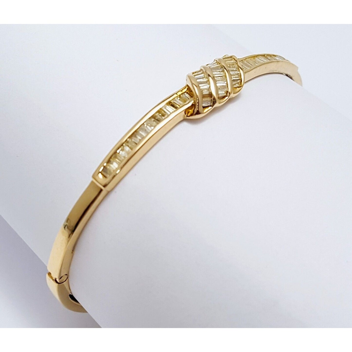 14K Solid Yellow Gold Spiral Baguette Diamond Bangle Bracelet