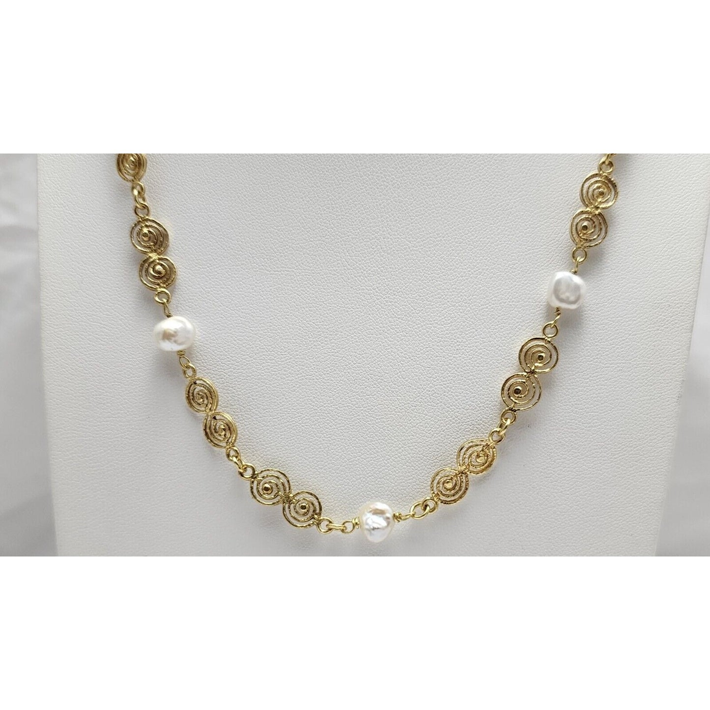 Vintage 18K Yellow Gold Filigree Pearl Link Chain Necklace