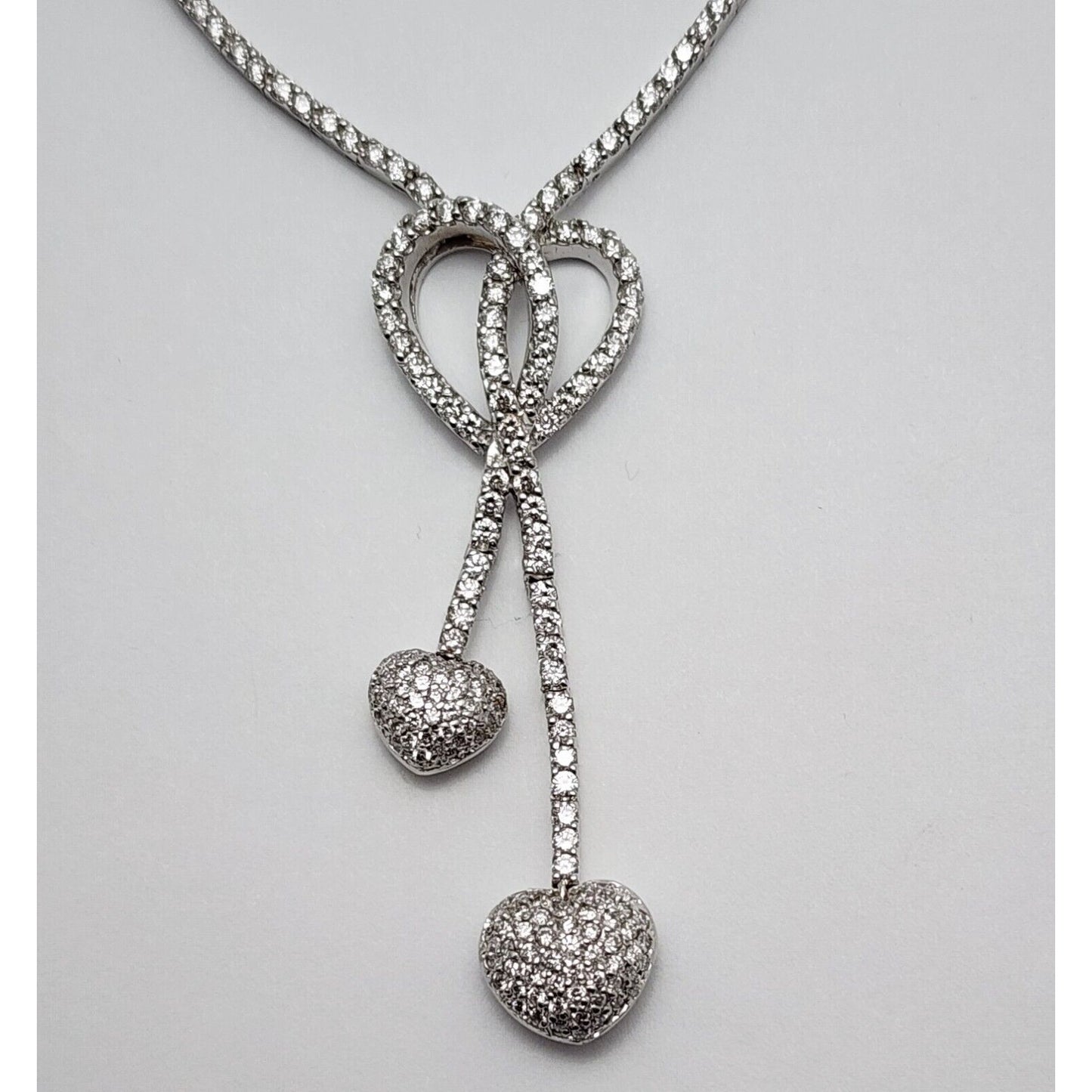 14K White Gold Diamond Double Heart Dangle Link Chain Necklace