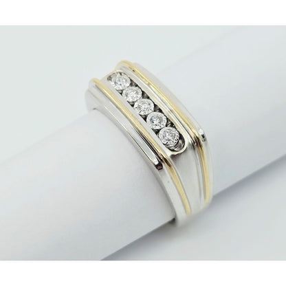 14K Two Tone Gold Channel Set Five Stone Diamond Men's Ring