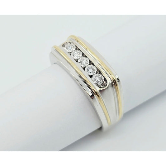 14K Two Tone Gold Channel Set Five Stone Diamond Men's Ring
