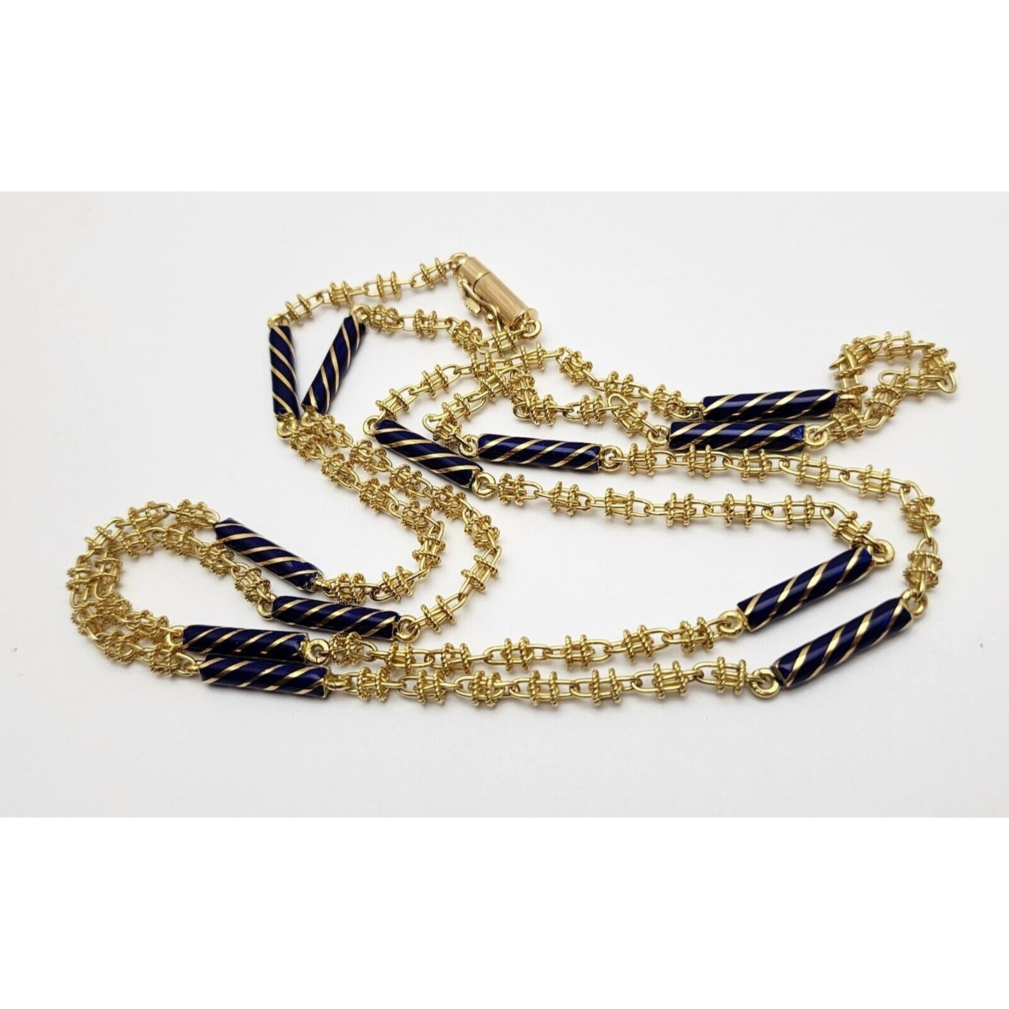 18K Yellow Gold Blue Enamel Link Chain Necklace