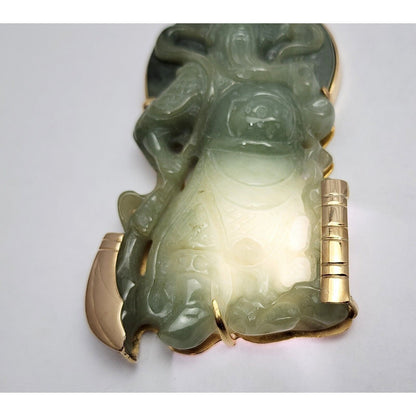 Large 14K Yellow Gold Green Jadeite Jade Guan Yu Guan Gong Carved Charm Pendant