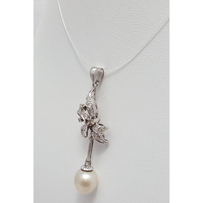 14K Solid White Gold Pearl & Diamond Drop Dangle Charm Pendant