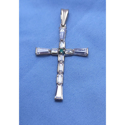 14K White Gold Religious Emerald & CZ Cross Pendant