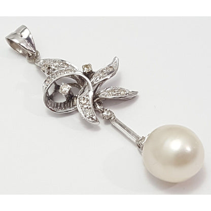 14K Solid White Gold Pearl & Diamond Drop Dangle Charm Pendant