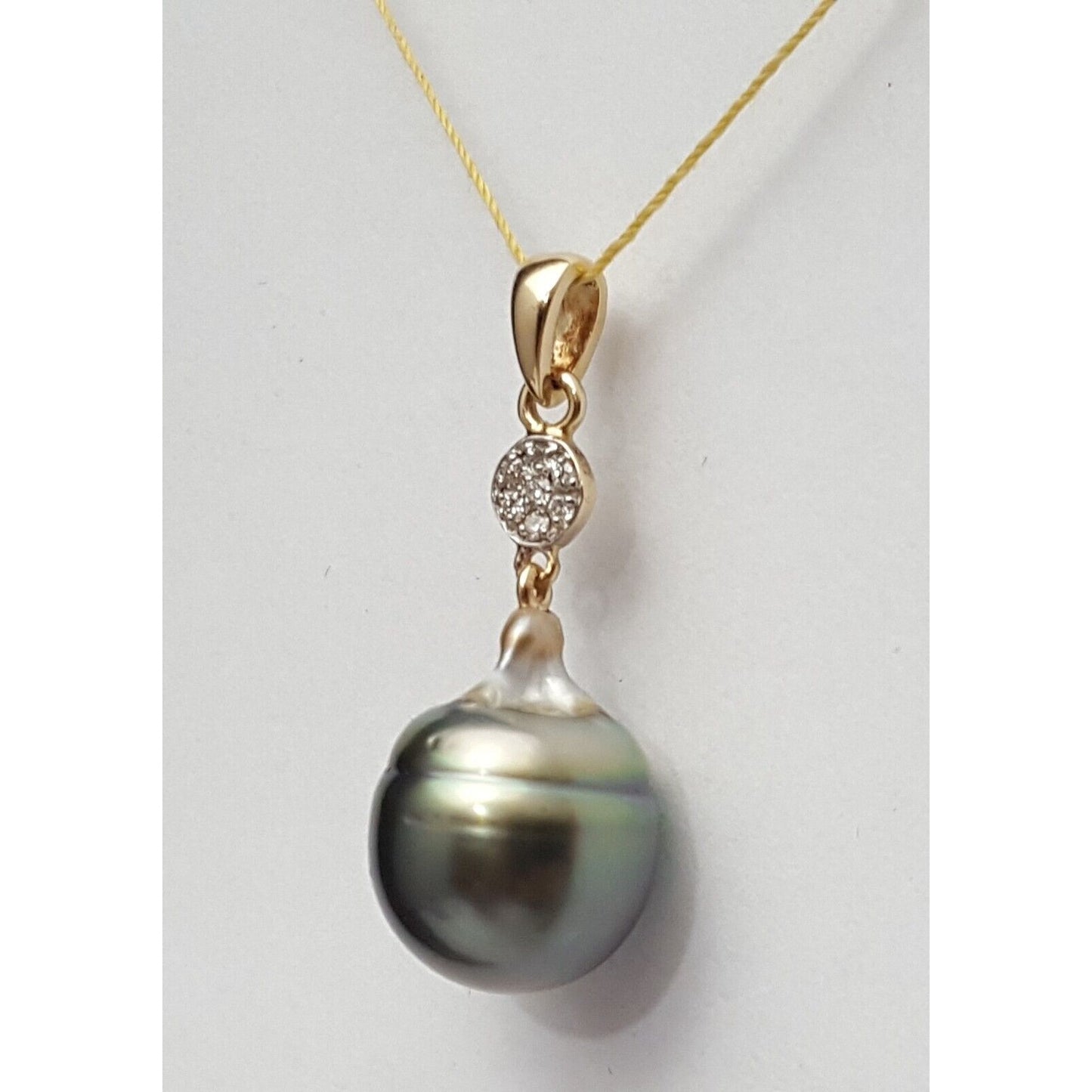 14K Solid Yellow Gold Drop Dangle Tahitian Pearl & Diamond Charm Pendant