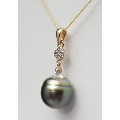 14K Solid Yellow Gold Drop Dangle Tahitian Pearl & Diamond Charm Pendant