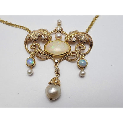 Vintage 18K Yellow Gold Opal, Pearl & Diamond Choker Link Chain Necklace