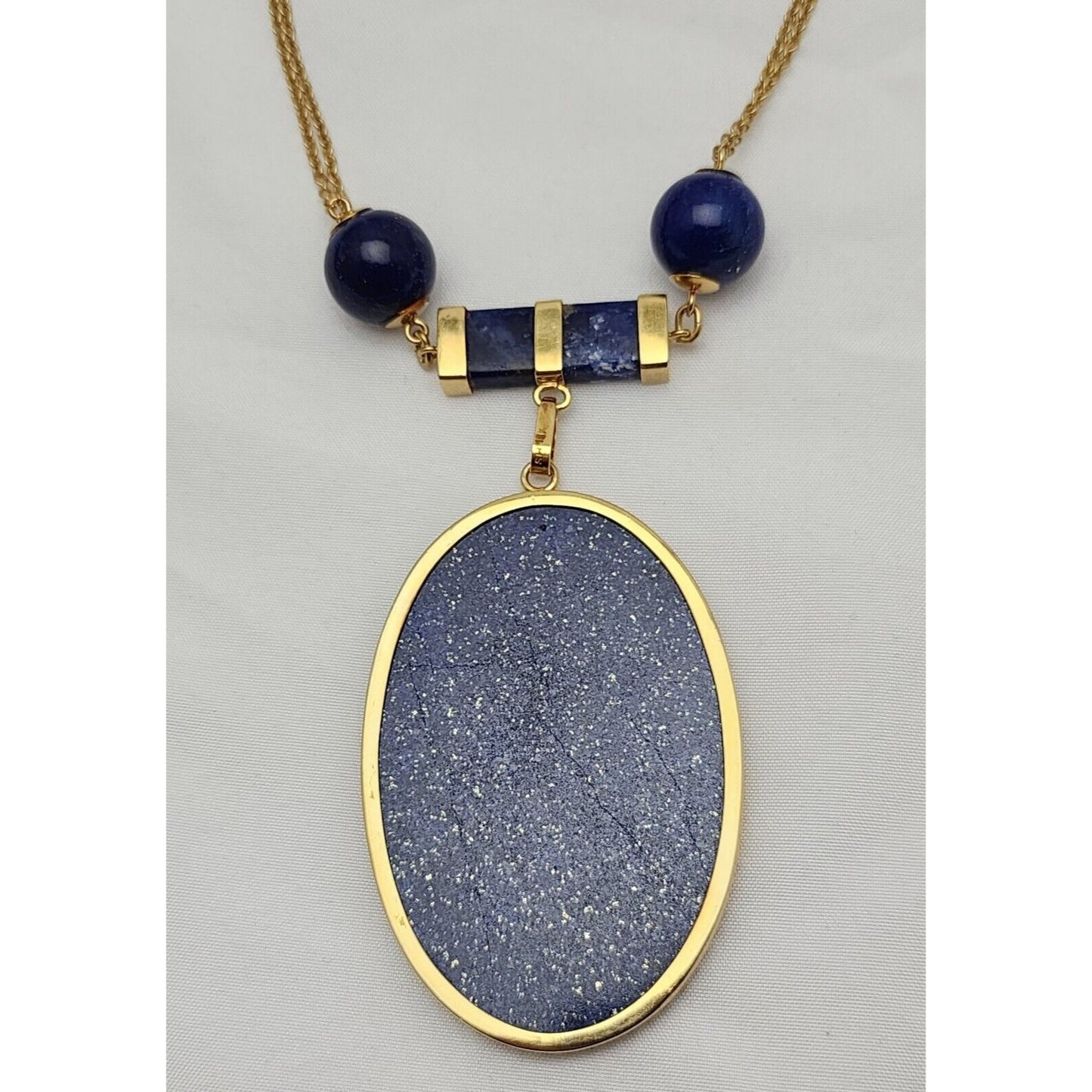 18K Solid Yellow Gold Floral Lapis Lazuli Bead Ball Link Chain Necklace