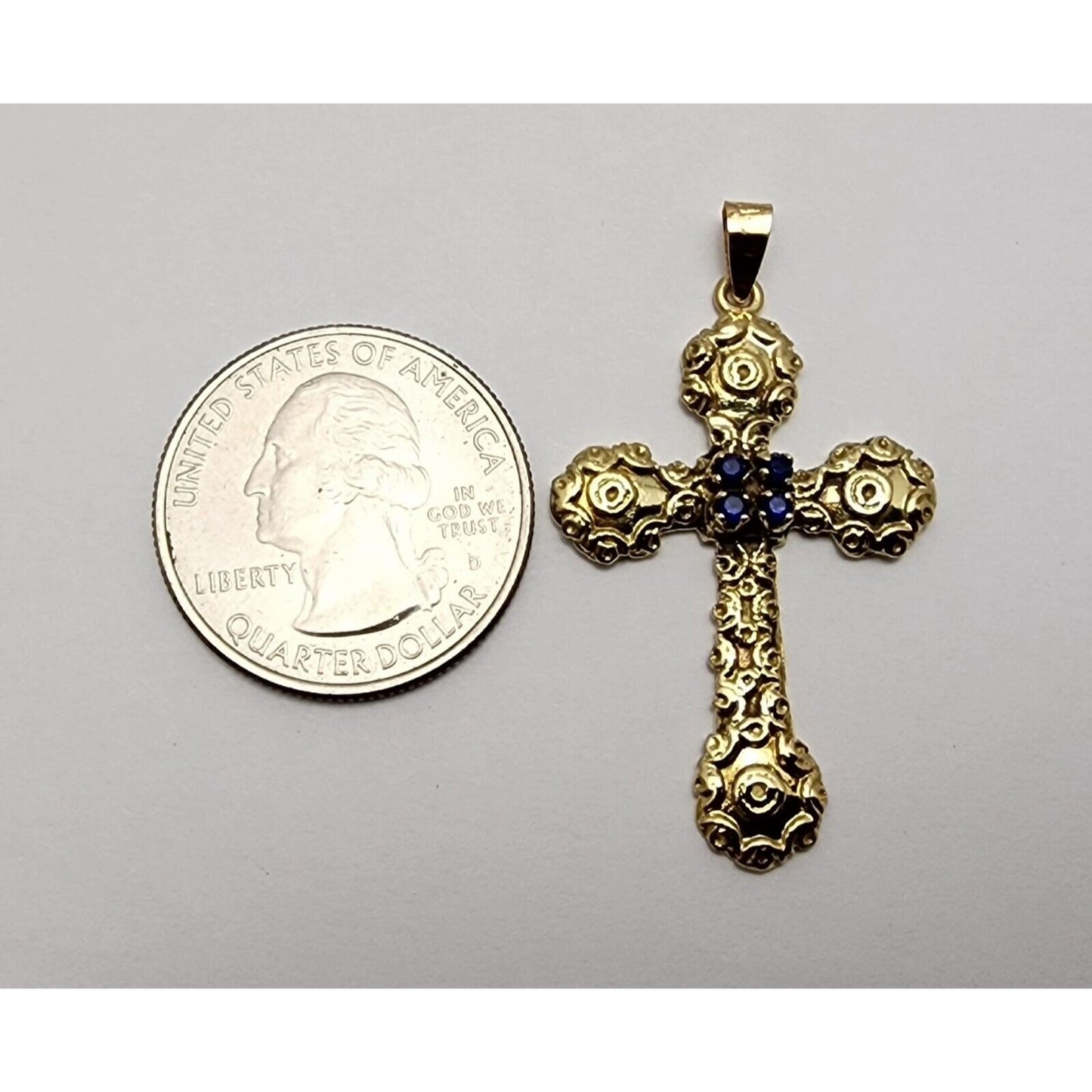 18K Solid Yellow Gold Religious Sapphire Cross Charm Pendant