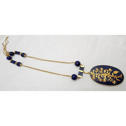 18K Solid Yellow Gold Floral Lapis Lazuli Bead Ball Link Chain Necklace