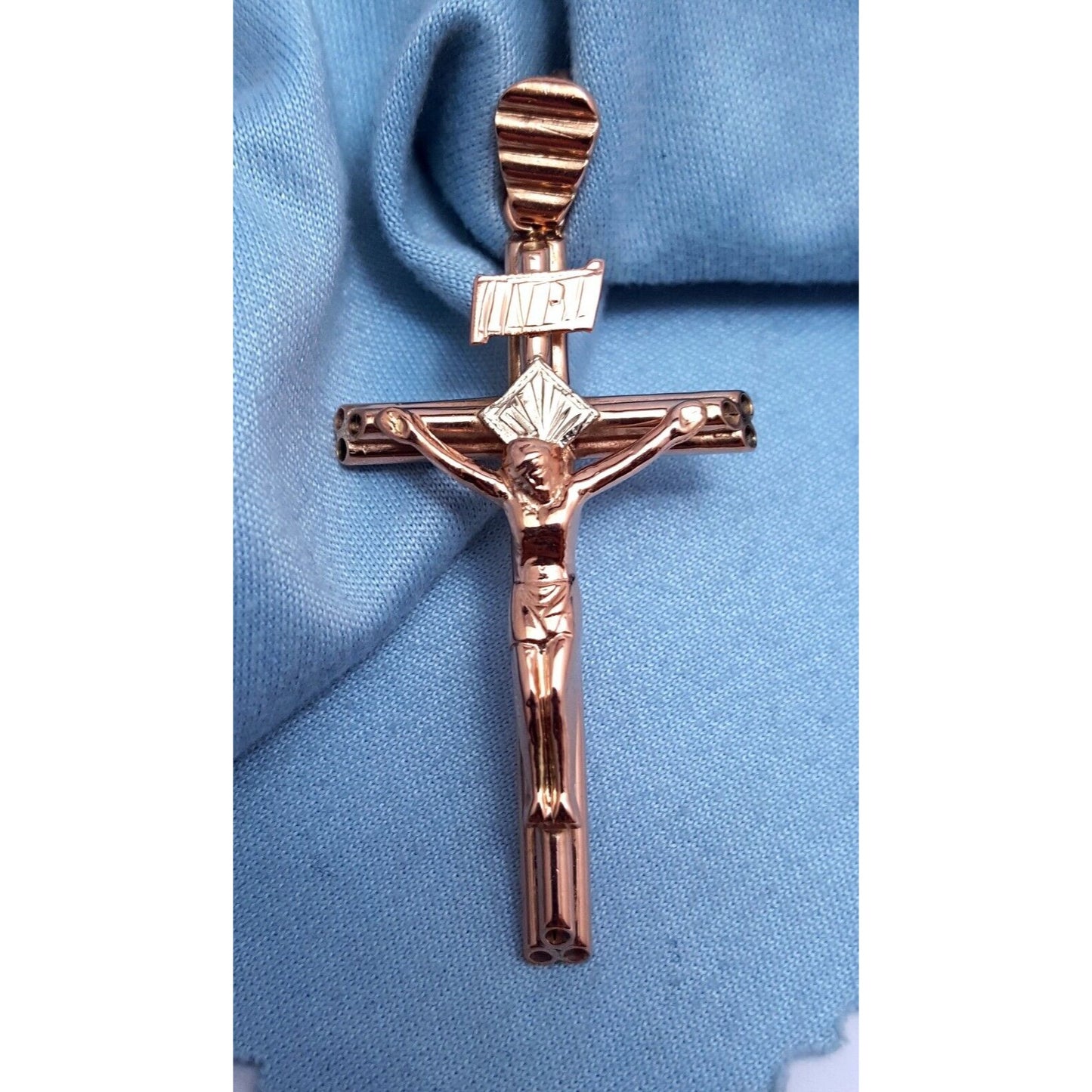 14K Solid Two Tone Gold Jesus Cross Charm Pendant