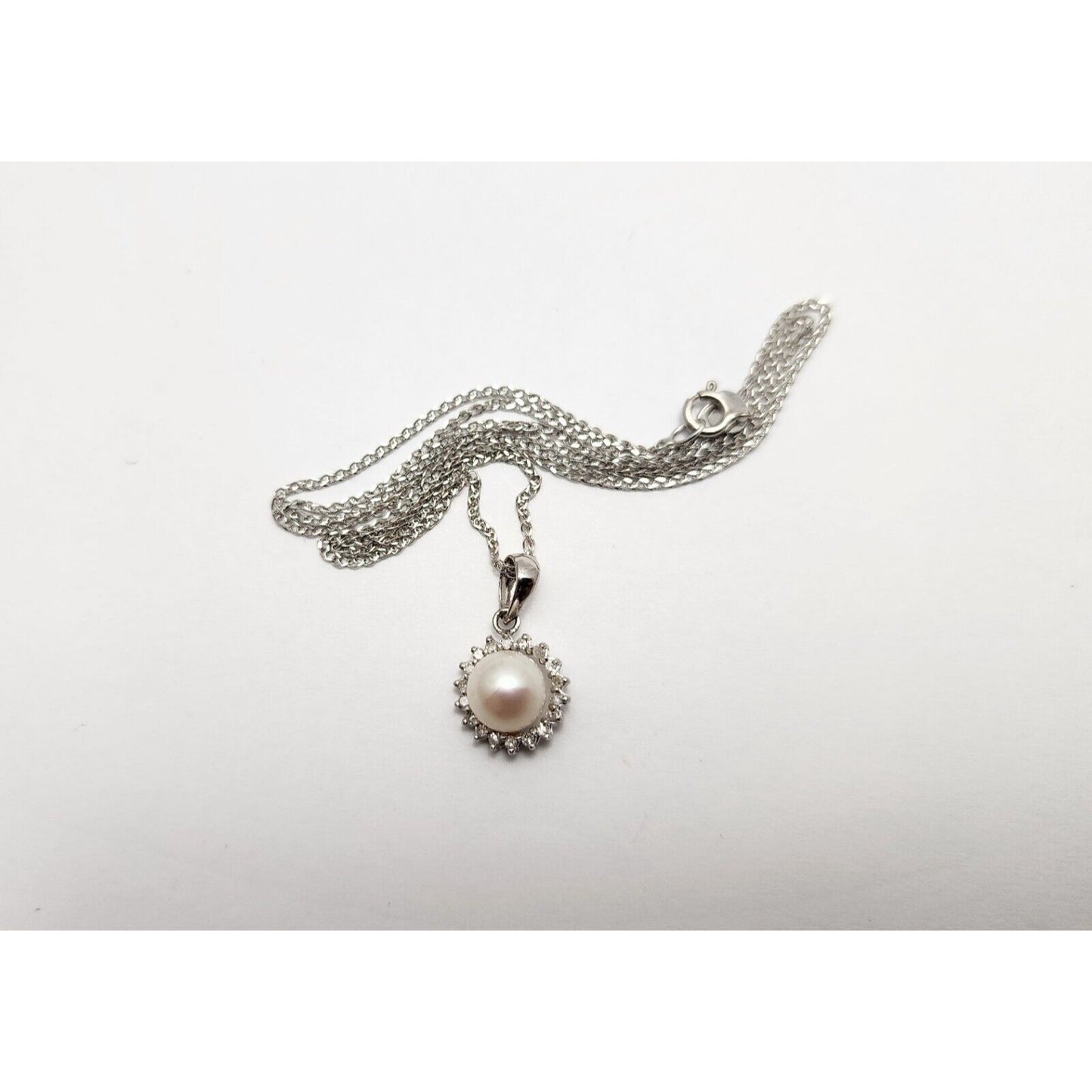 14K White Gold Pearl & Diamond Charm Pendant Link Chain Necklace