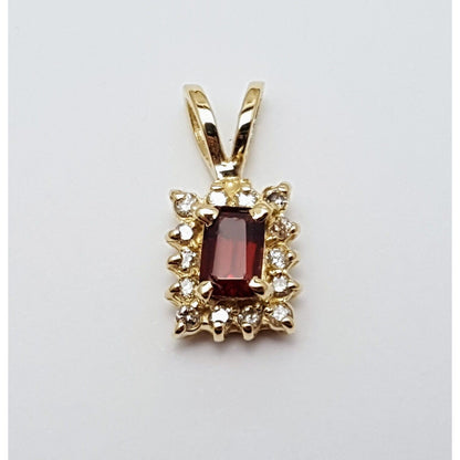 14K Solid Yellow Gold Square Garnet & Diamond Charm Pendant