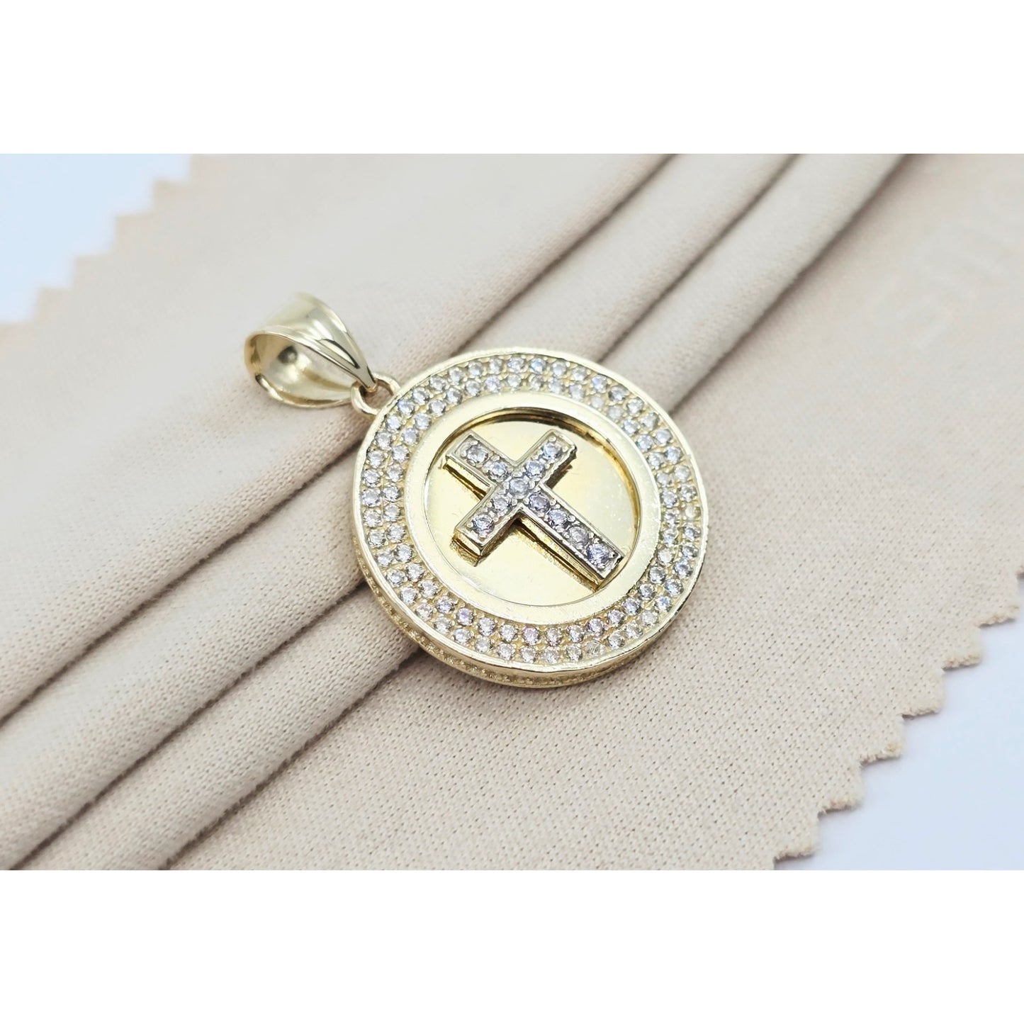 14K Yellow Gold Round Cross CZ Pendant Charm