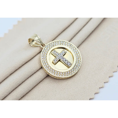14K Yellow Gold Round Cross CZ Pendant Charm