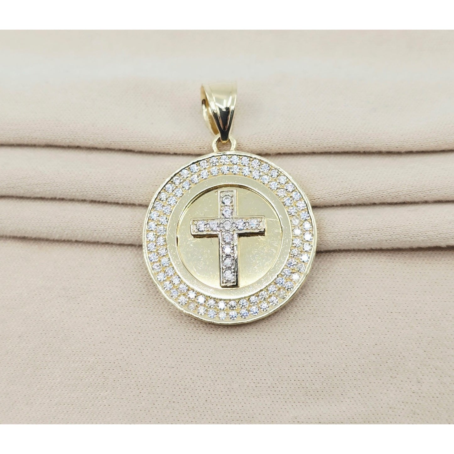 14K Yellow Gold Round Cross CZ Pendant Charm
