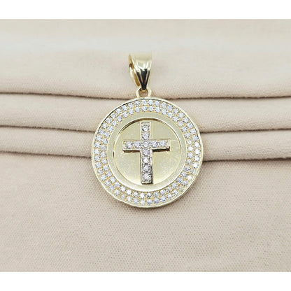 14K Yellow Gold Round Cross CZ Pendant Charm