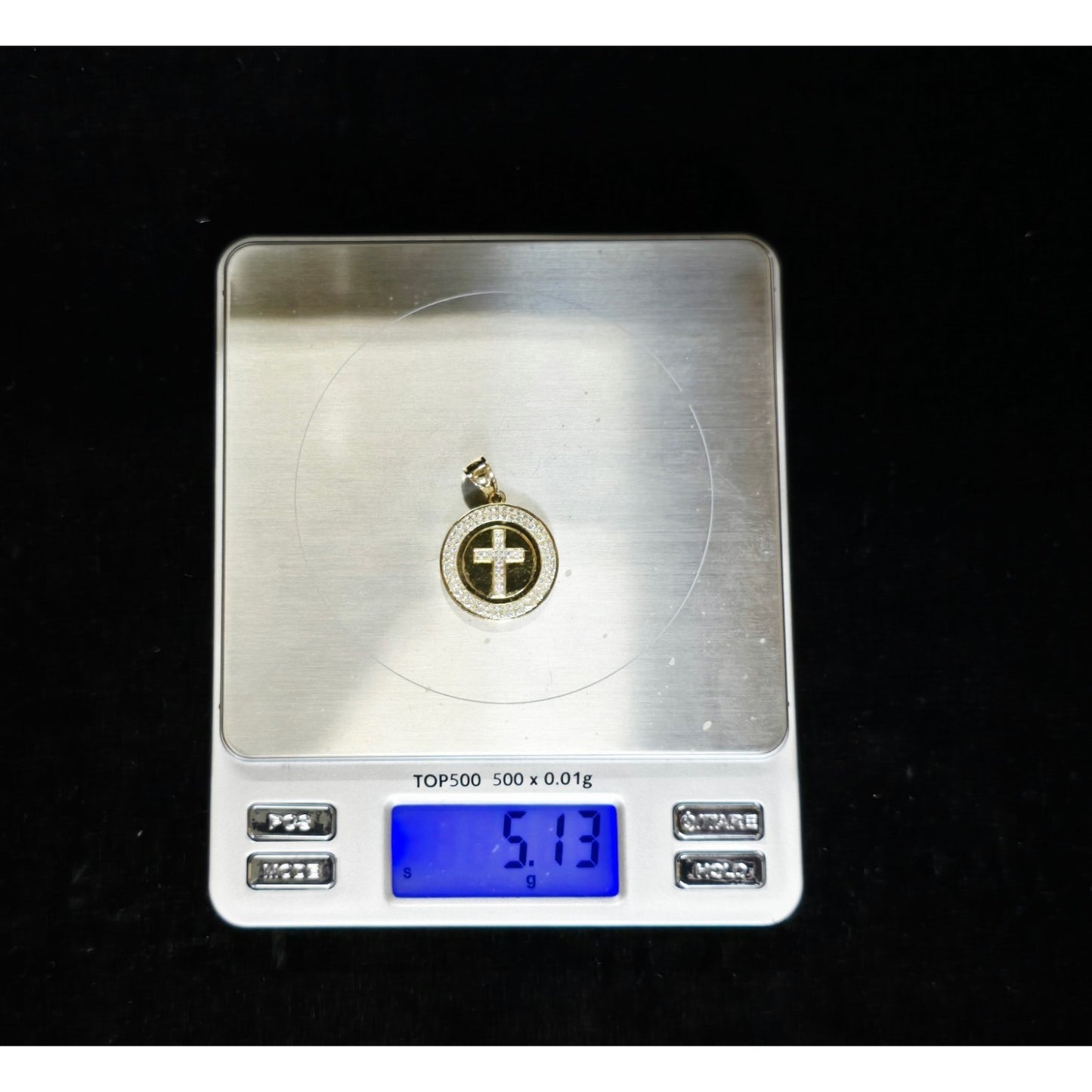 14K Yellow Gold Round Cross CZ Pendant Charm