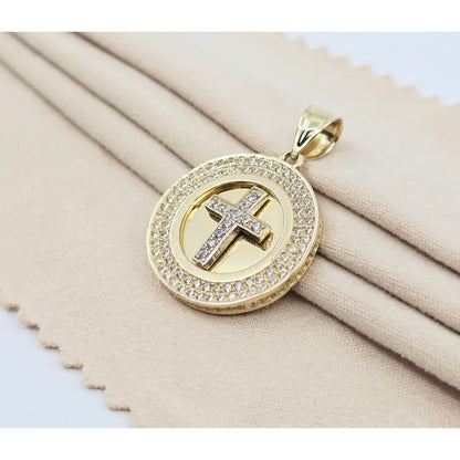 14K Yellow Gold Round Cross CZ Pendant Charm