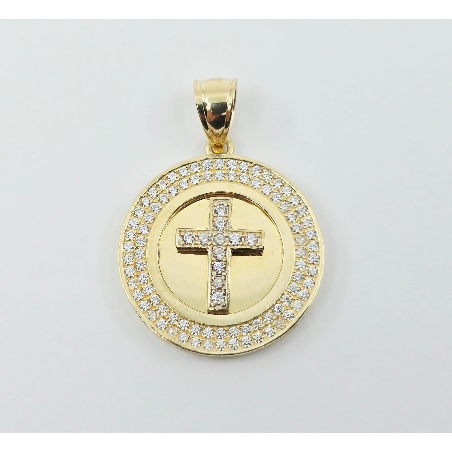 14K Yellow Gold Round Cross CZ Pendant Charm