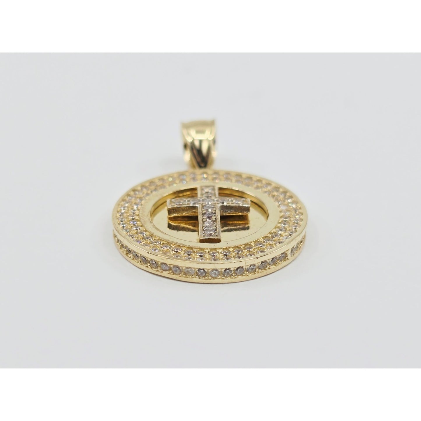 14K Yellow Gold Round Cross CZ Pendant Charm