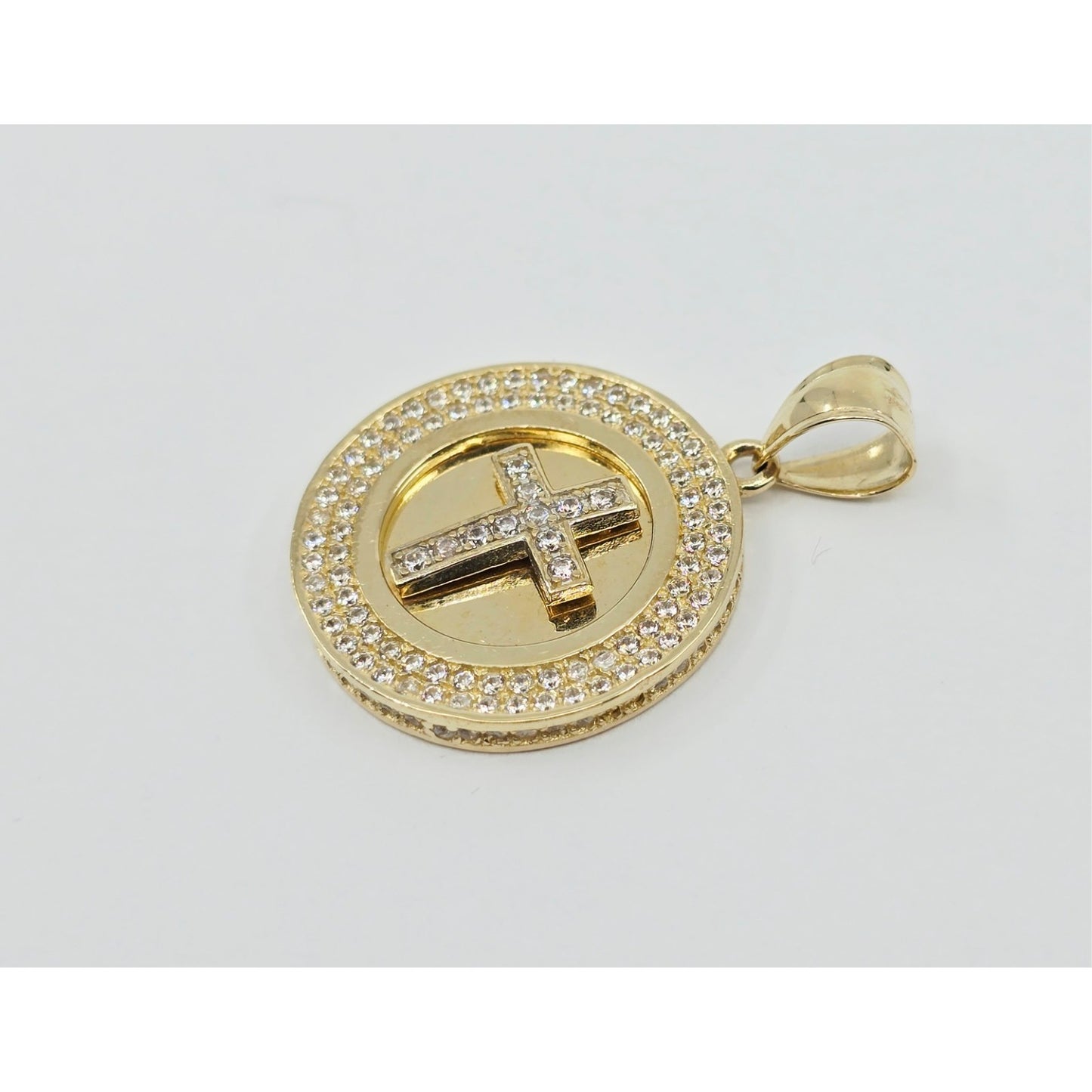 14K Yellow Gold Round Cross CZ Pendant Charm