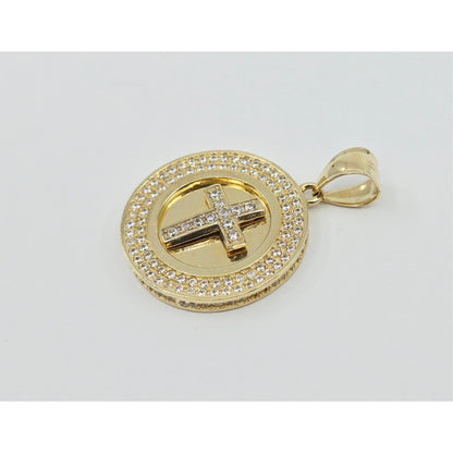 14K Yellow Gold Round Cross CZ Pendant Charm