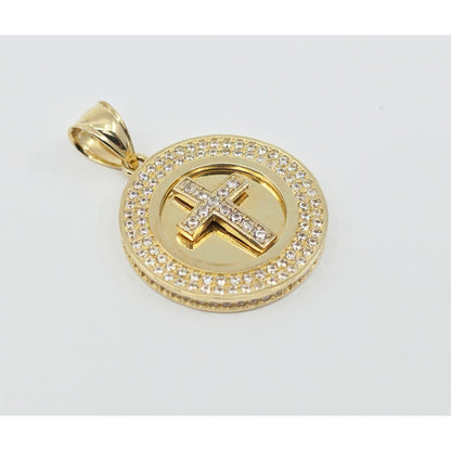14K Yellow Gold Round Cross CZ Pendant Charm