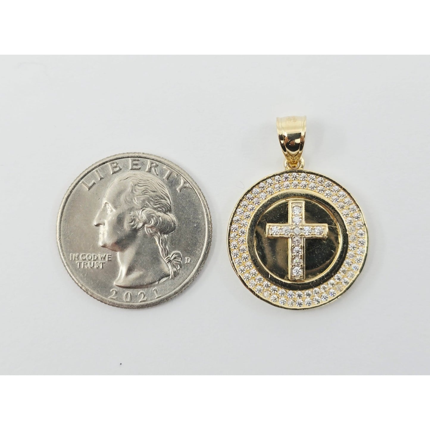 14K Yellow Gold Round Cross CZ Pendant Charm