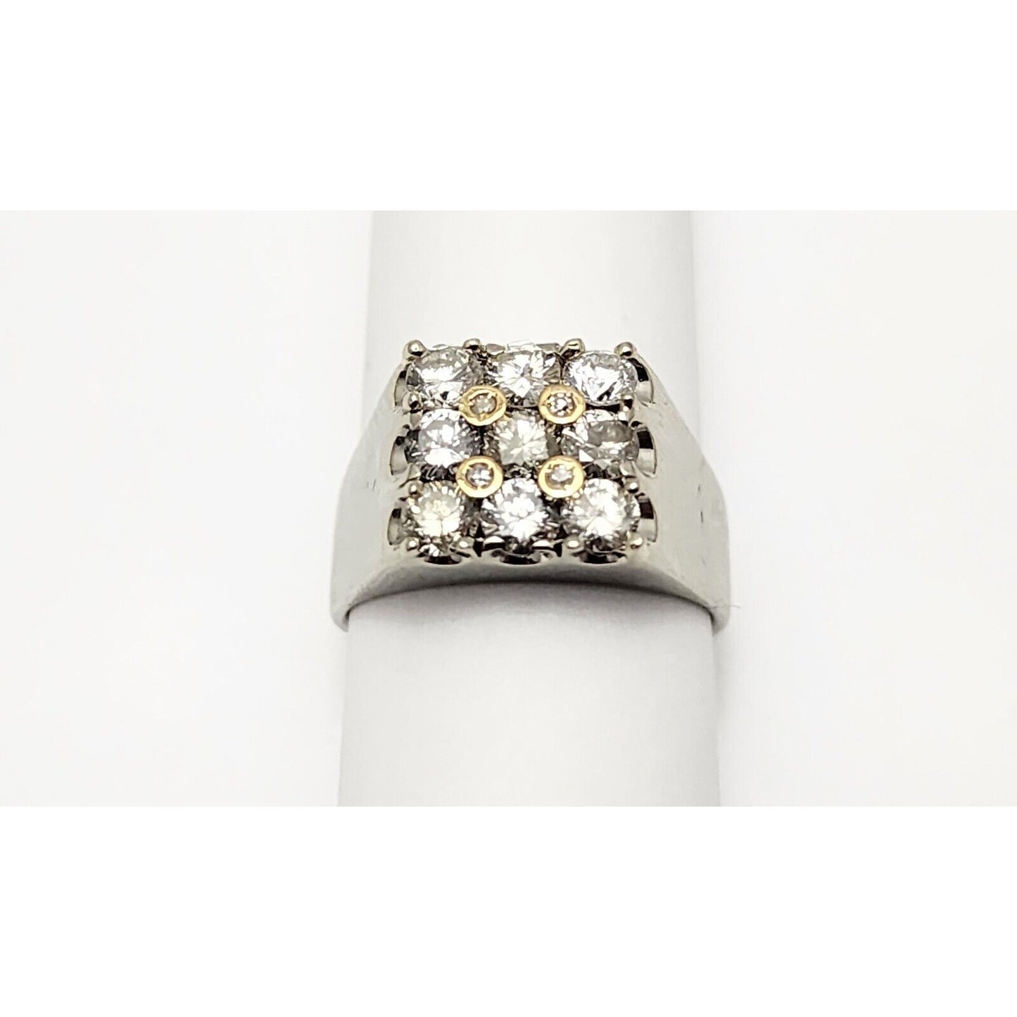 18K Two Tone Gold Round Cut Diamond Cluster Mens Ring