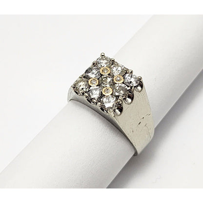 18K Two Tone Gold Round Cut Diamond Cluster Mens Ring