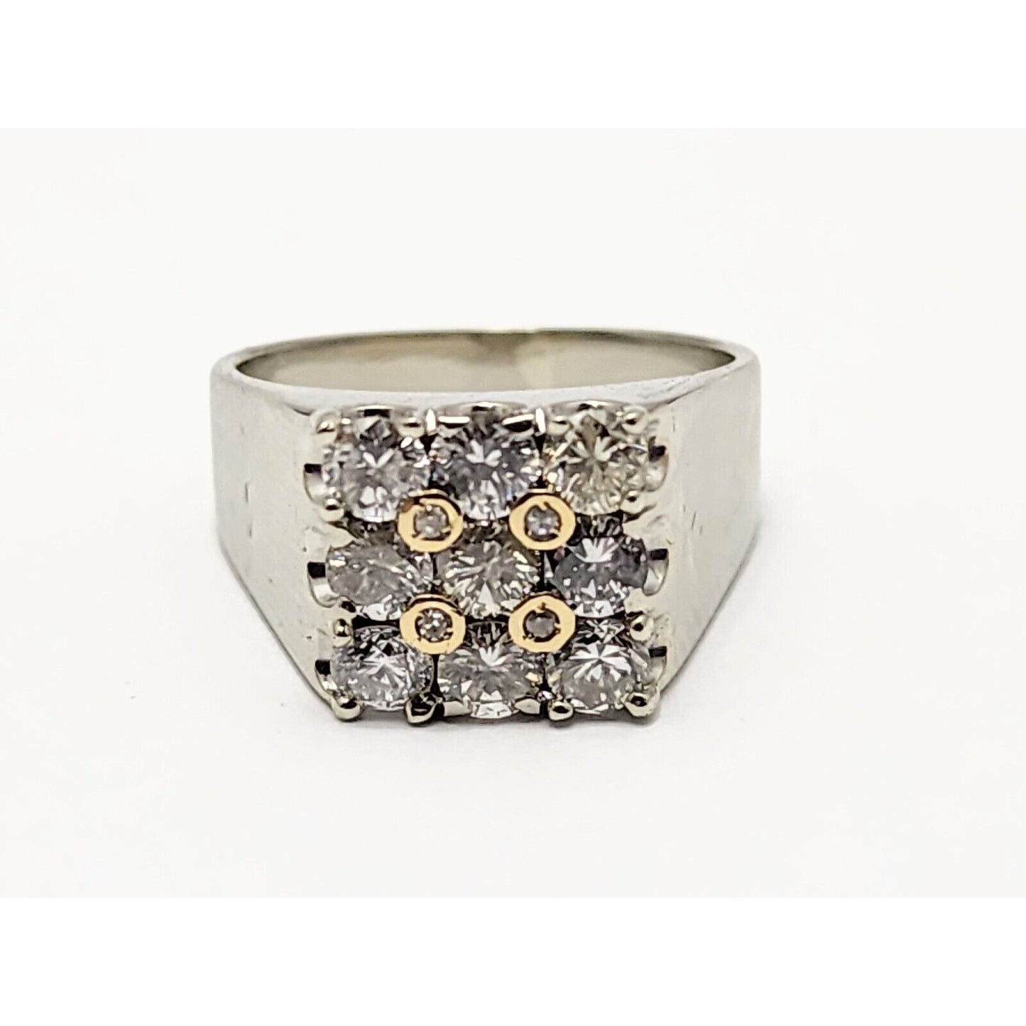 18K Two Tone Gold Round Cut Diamond Cluster Mens Ring