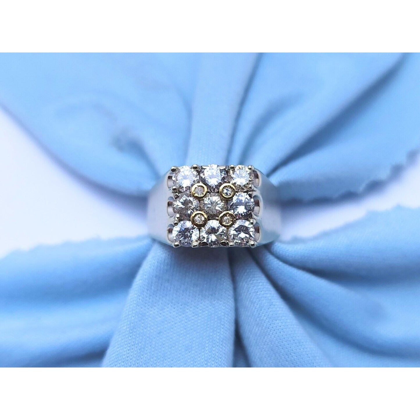 18K Two Tone Gold Round Cut Diamond Cluster Mens Ring