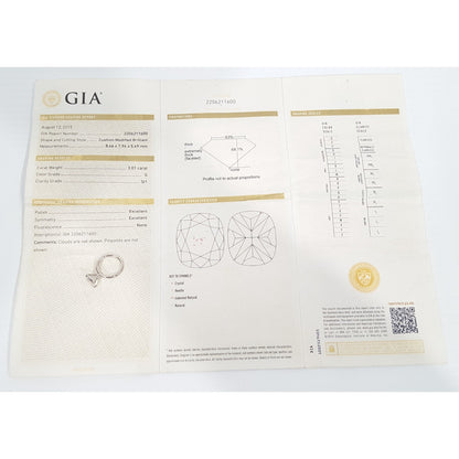 Platinum 3.01ct Natural Cushion Cut Solitaire Diamond Engagement Ring GIA Cert