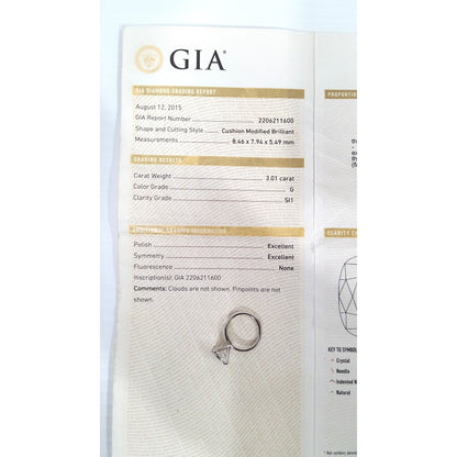 Platinum 3.01ct Natural Cushion Cut Solitaire Diamond Engagement Ring GIA Cert