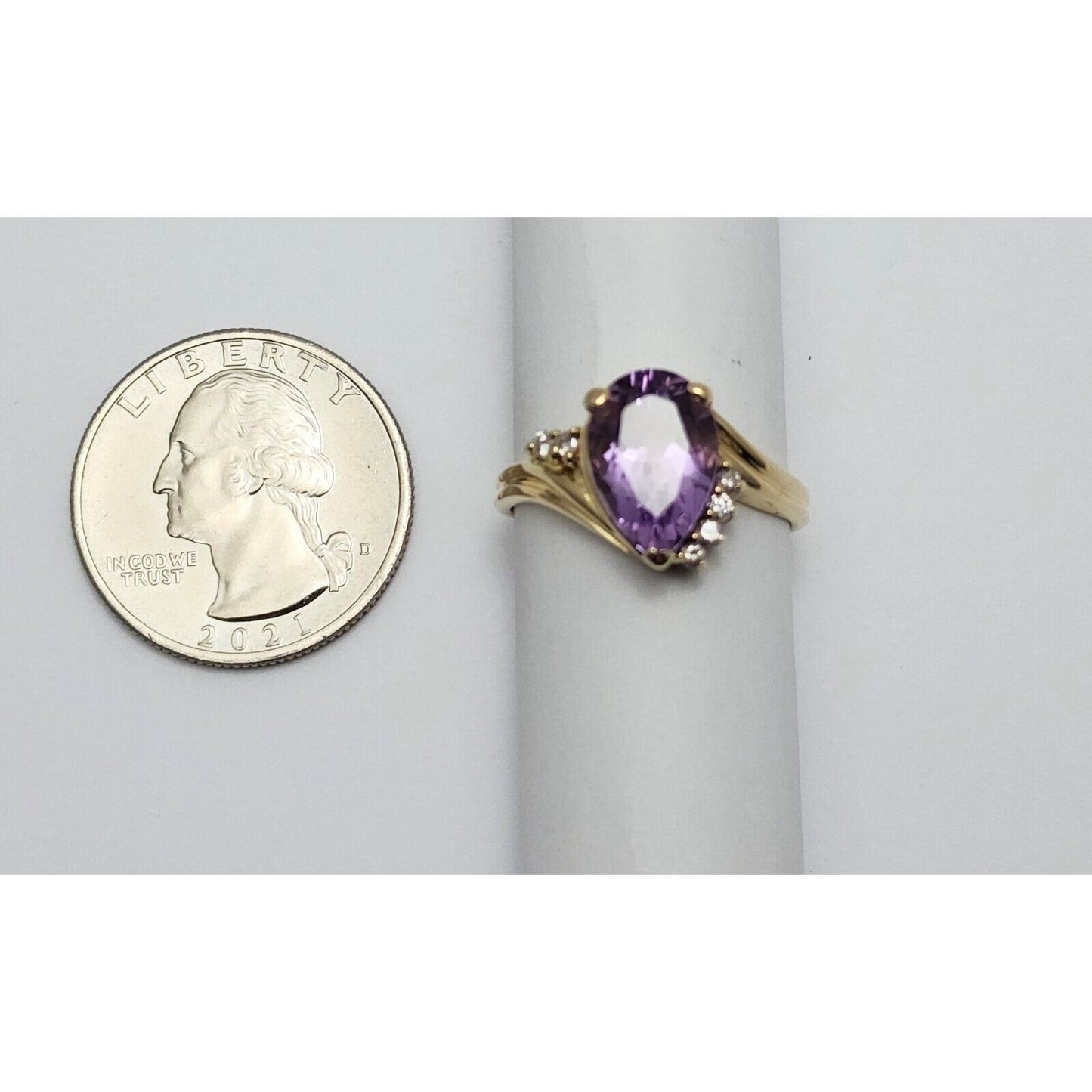 14K Yellow Gold Teardrop Pear Amethyst & Diamond Ring