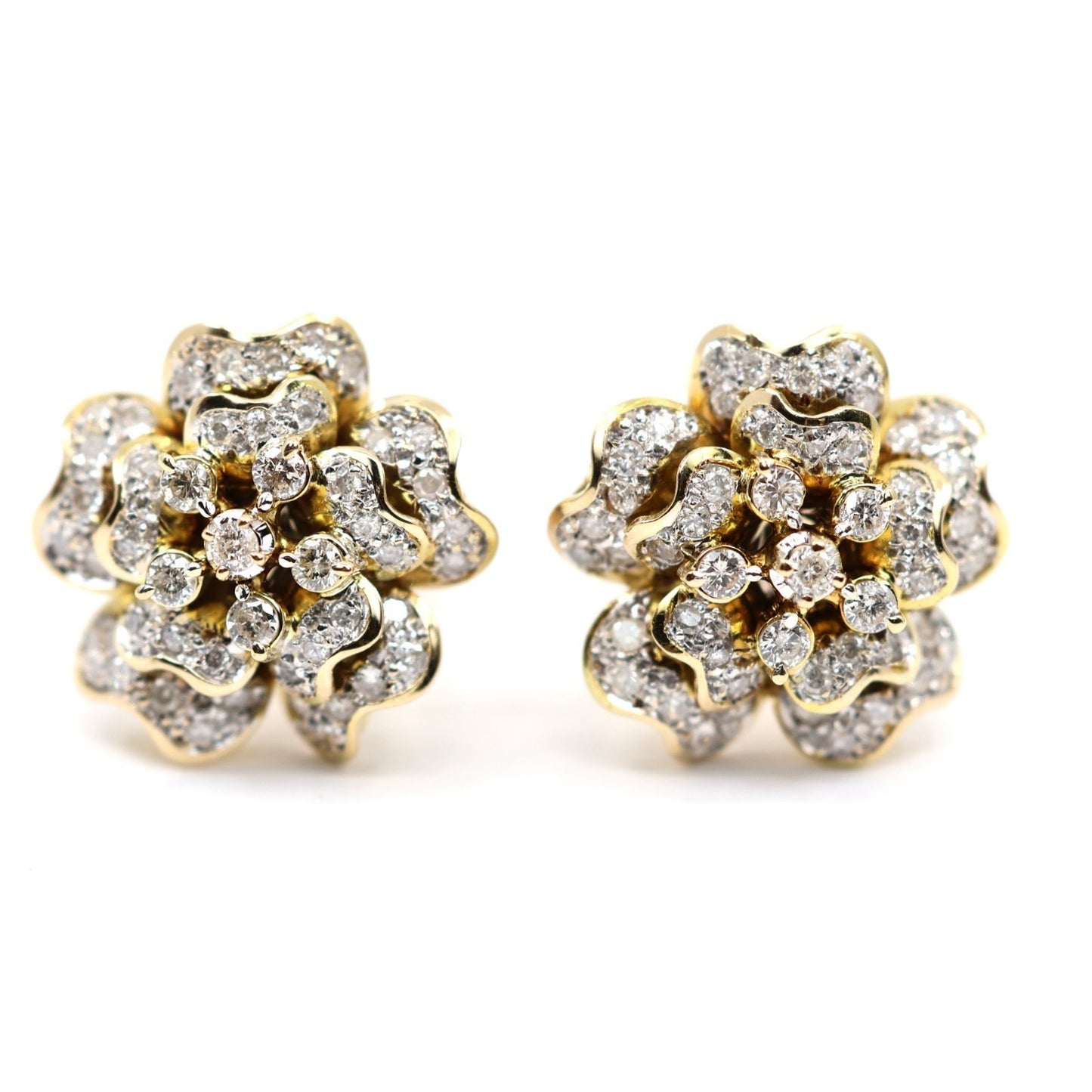 13K Yellow Gold Diamond Floral Cluster Flower Stud Earrings
