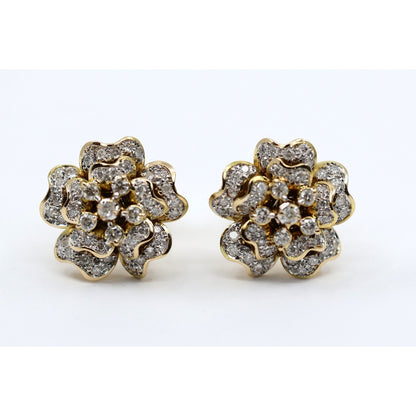 13K Yellow Gold Diamond Floral Cluster Flower Stud Earrings