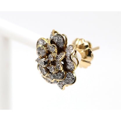 13K Yellow Gold Diamond Floral Cluster Flower Stud Earrings