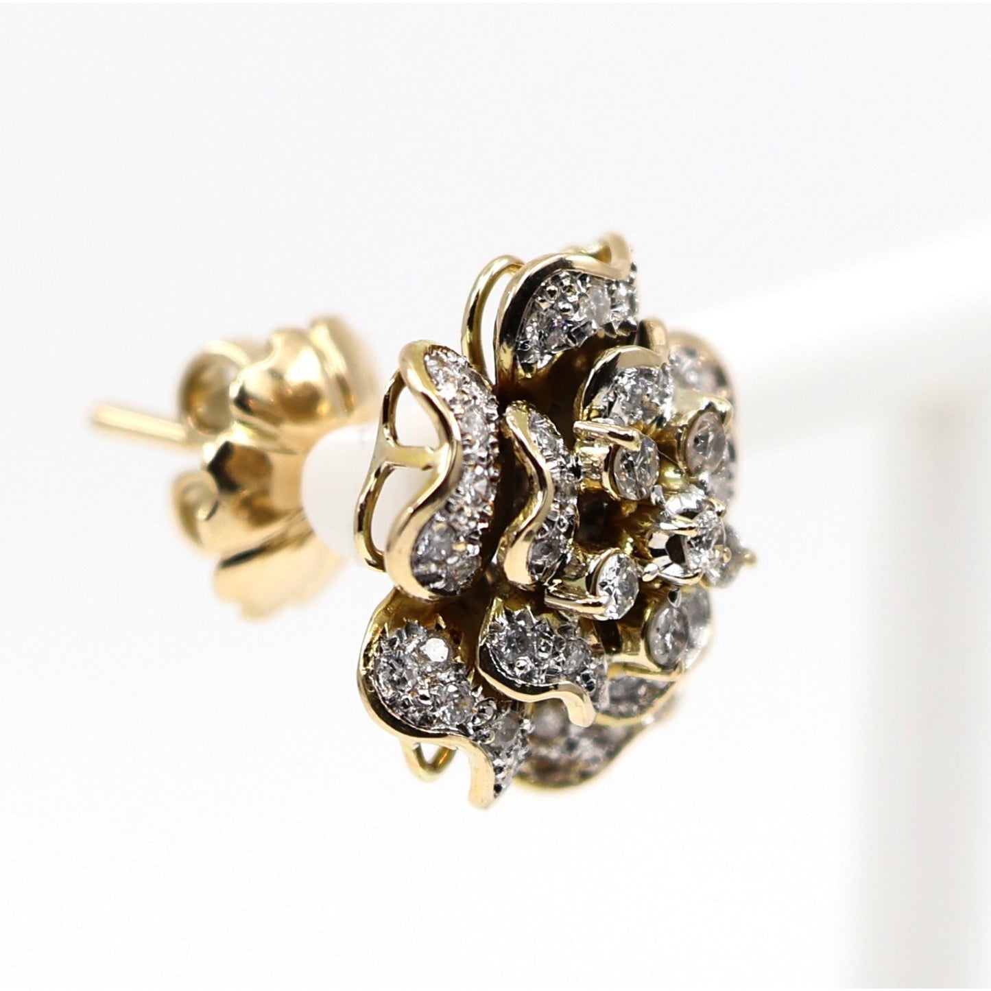 13K Yellow Gold Diamond Floral Cluster Flower Stud Earrings
