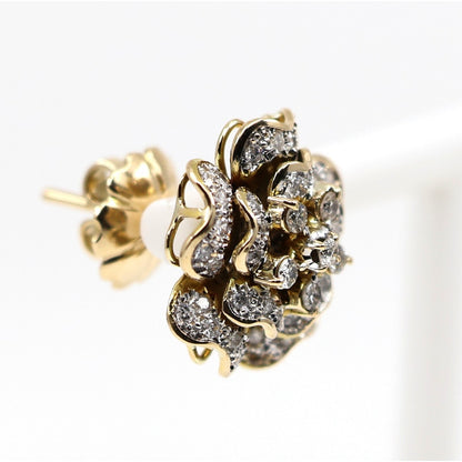 13K Yellow Gold Diamond Floral Cluster Flower Stud Earrings
