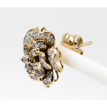 13K Yellow Gold Diamond Floral Cluster Flower Stud Earrings