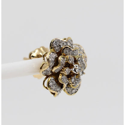 13K Yellow Gold Diamond Floral Cluster Flower Stud Earrings