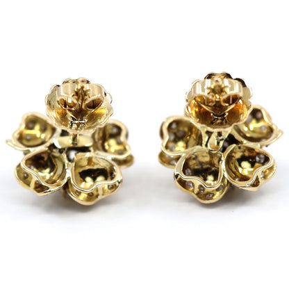 13K Yellow Gold Diamond Floral Cluster Flower Stud Earrings
